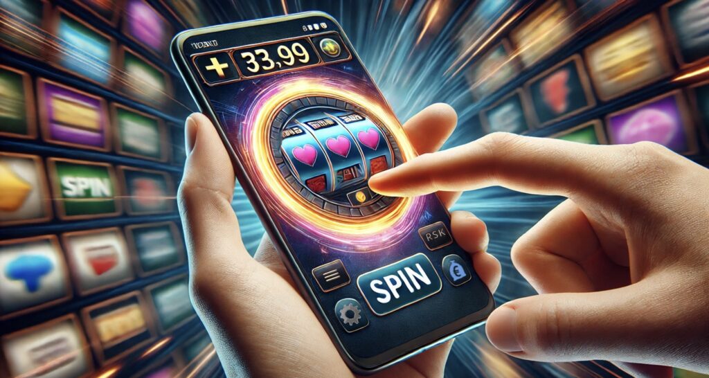 Eine Slot-App auf dem Handy und verschiedene Slot-Symbole im Hintergrund