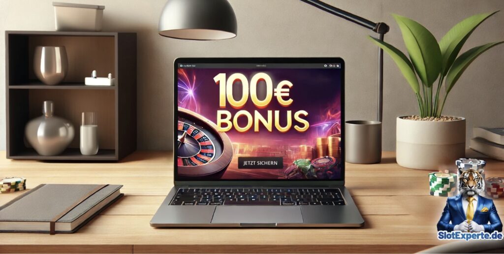 Laptop mit Anzeige eines Online-Casino-Willkommensbonus und Spielautomaten im Hintergrund